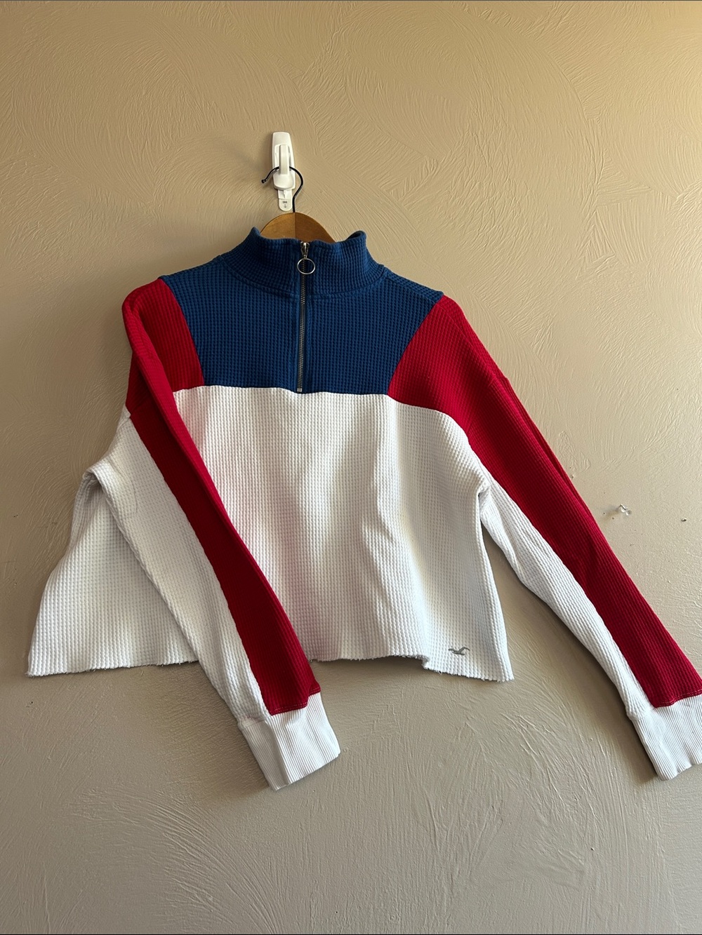 Hollister CA Women’s Colorblock 1/4 Zip Waffle Knit Pullover- Red, White & Blue.